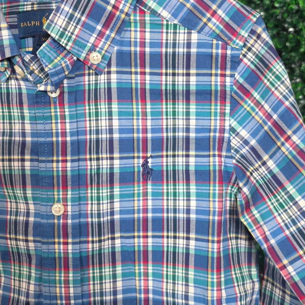 Polo Ralph Lauren Boys 3T Plaid Button Down Shirt Blue Green Multi Long Sleeve